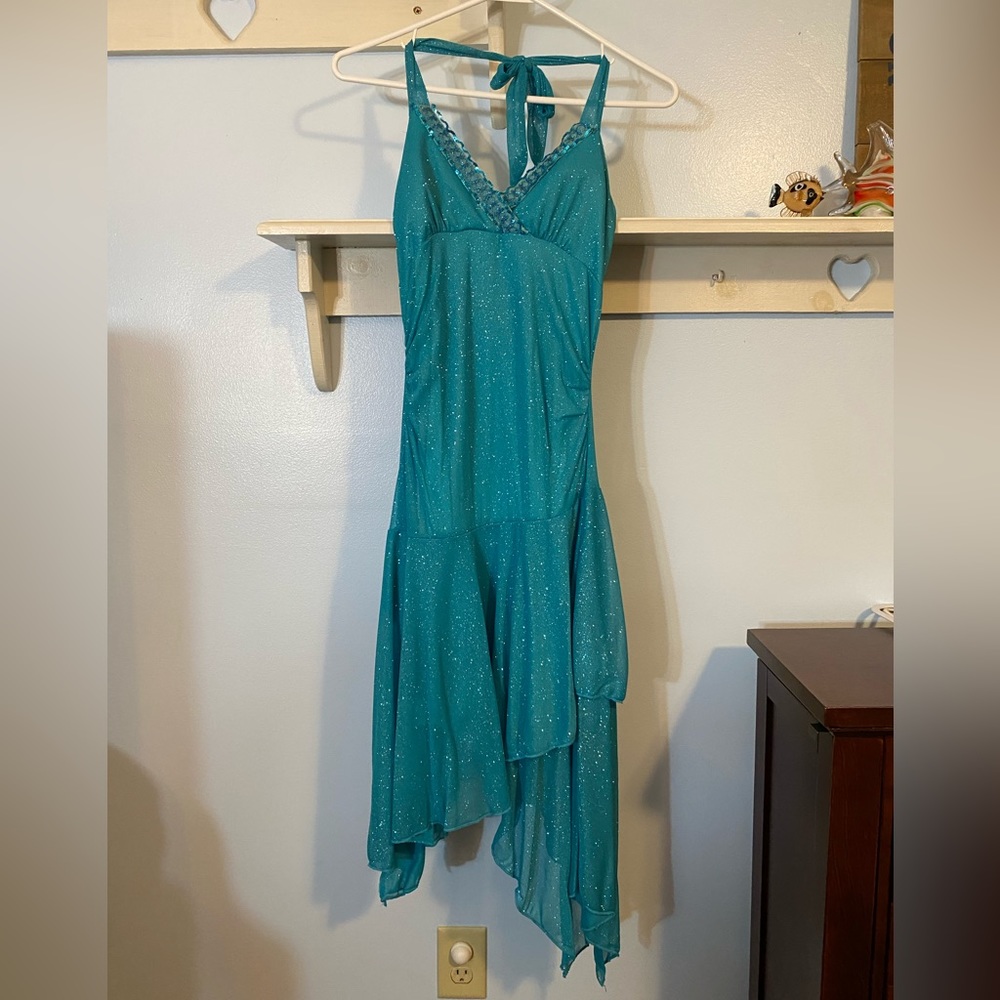 Teal semi formal halter top dress